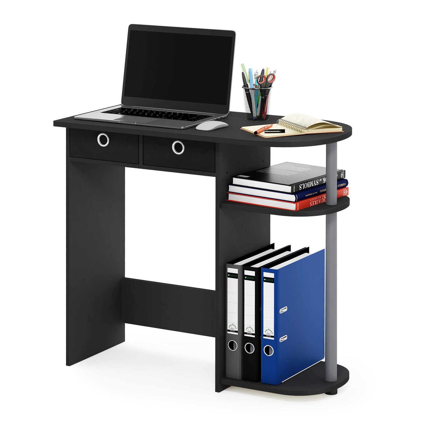Furinno Go Green 32-Inch Black Computer Desk, Office Desk with 2 Side Shelves and Storage Bins, Rectangular Home Office Desk, Gaming Desk for Home Office, Bedroom, Study Room, Classic Black