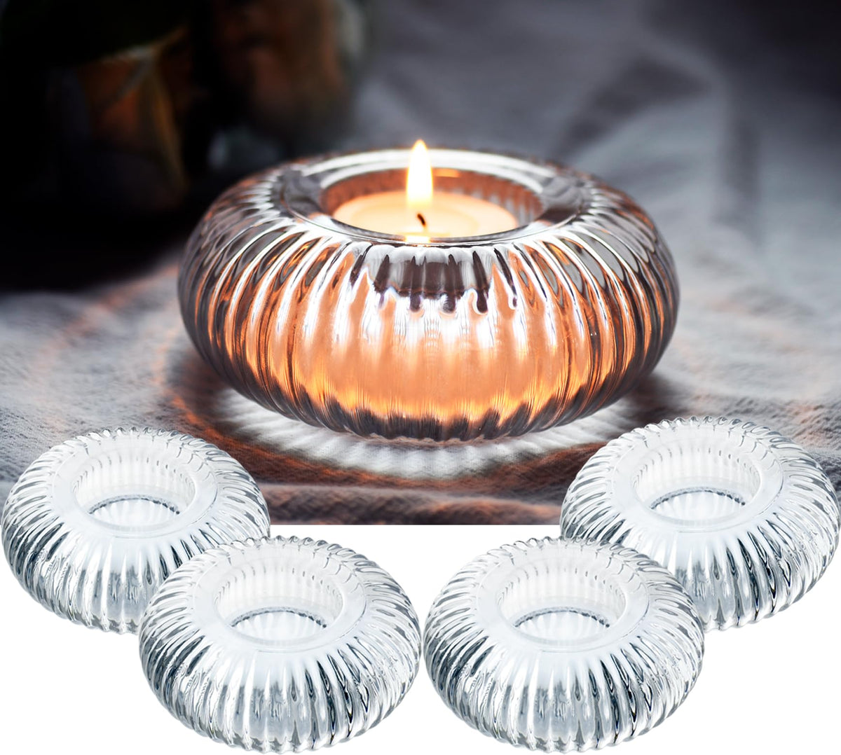 4 pcs Ribbed Clear Glass Tealight Candle Holders - Unique Boss Gifts for Women, for Her, Housewarming Wedding Tablescape Decor
