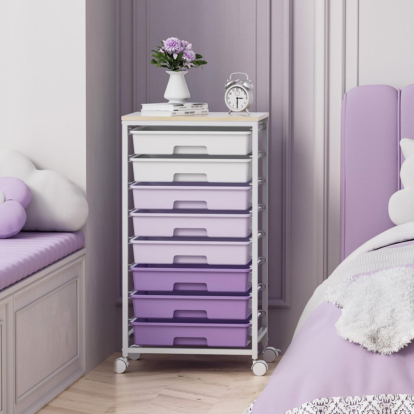 SYKIARIOL Rolling Cart with Drawers,Utility Cart With 8 Drawers and Wooden Tabletop for Living Room,Classroom,Bedroom,Bathroom,Dorm,Office,Purple