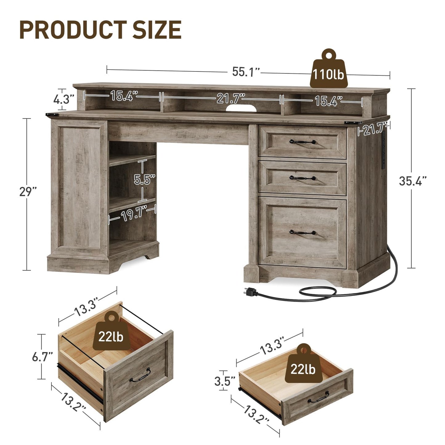 RALGEND 55'' Farmhouse Executive Desk with Drawers, Home Office Desk with File Cabinet and Storage Shelf, Charging Station, Computer Desk with Monitor Stand, Writing Gaming Desk, Greige