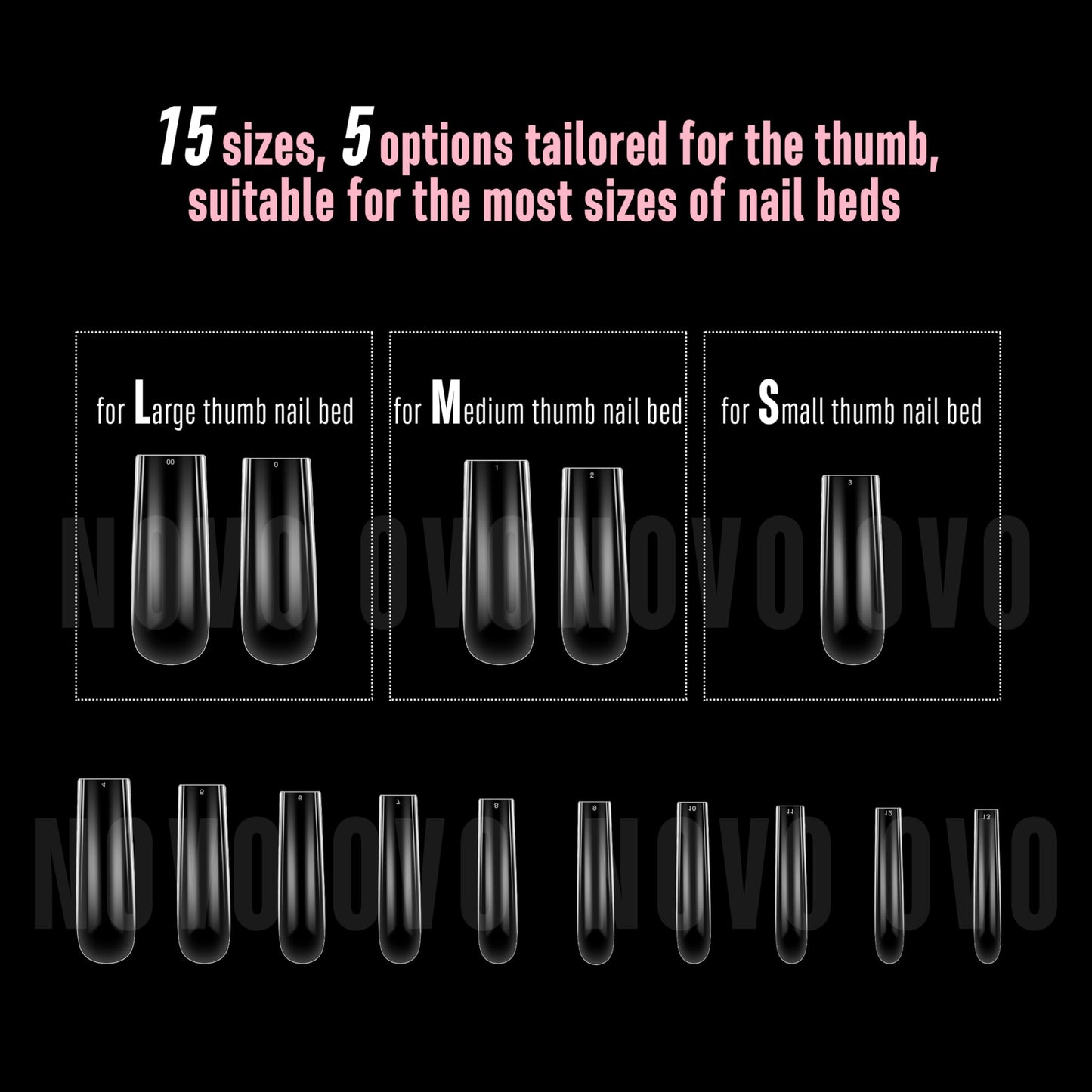 NOVO OVO Long Square Nail Tips SCULPTED (Not NATURAL) for Curved Nail Beds, Extra Thick L Length False Nails Press on, Full Cover Soft Gel Fake Nail Extension, Salon DIY x 15 Sizes 450 pcs