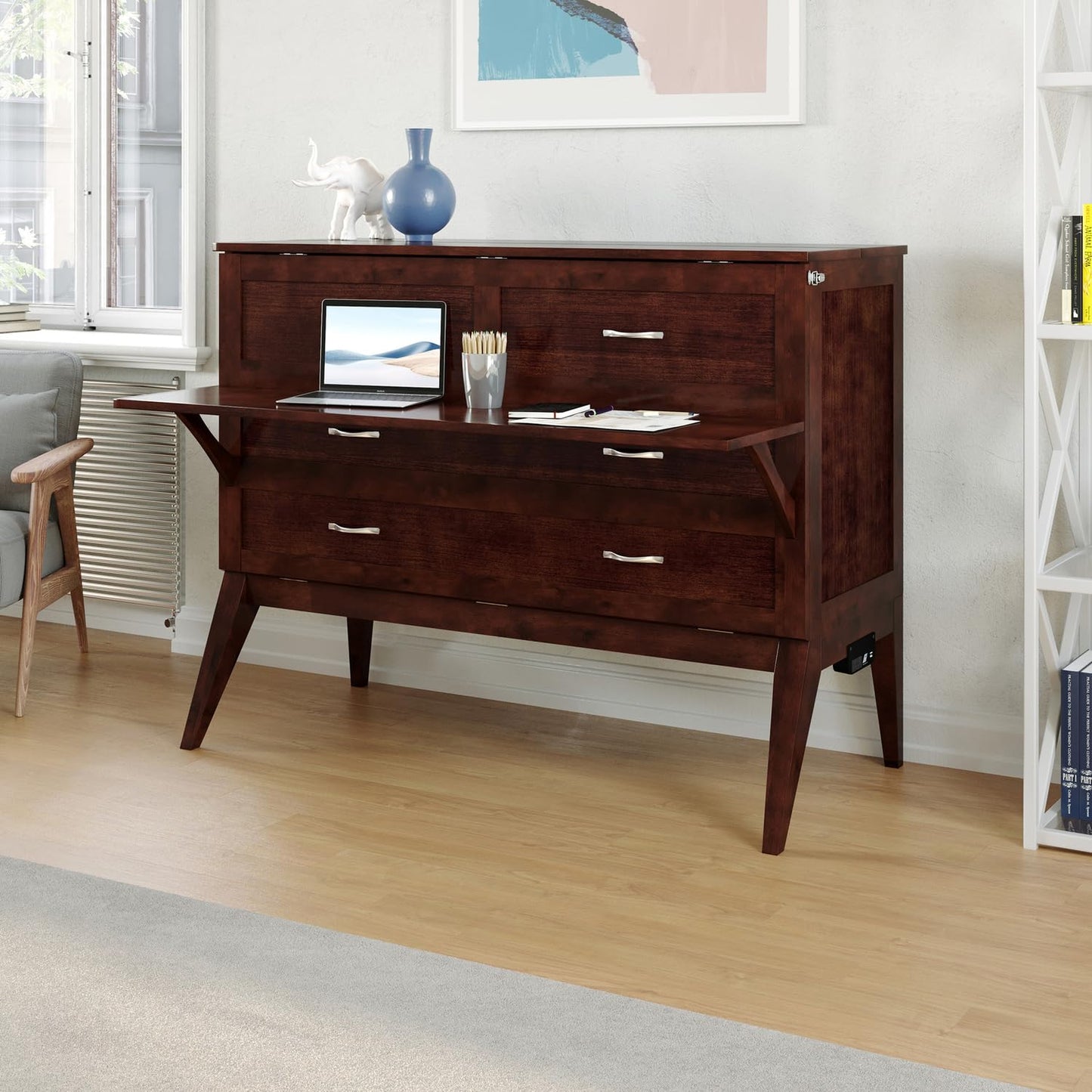 HomeStock Full Murphy Bed Desk with 6" Mattress & Built in Charger in Walnut