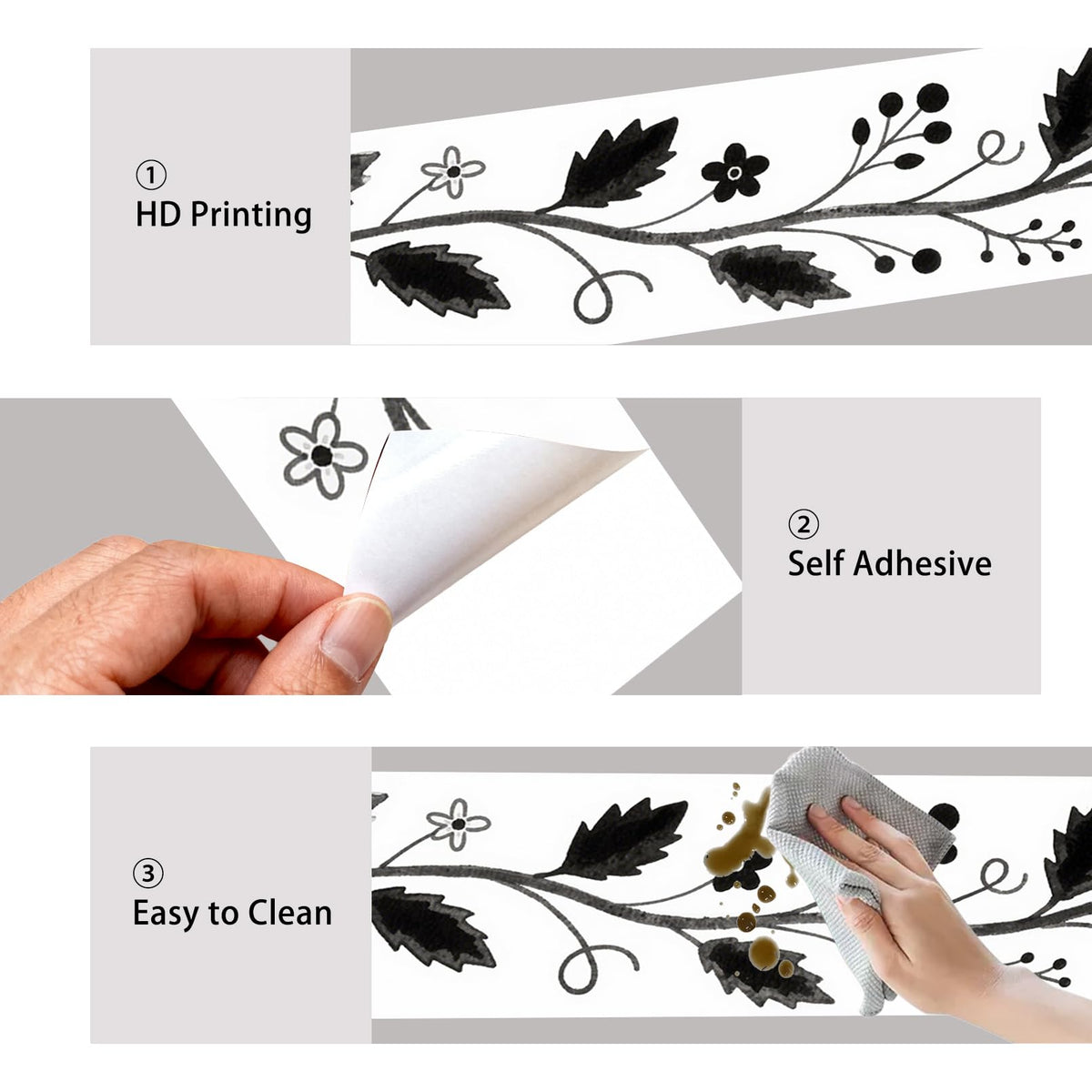 Nuxovilar Peel and Stick Wallpaper Border, Self-Adhesive Wall Border, PVC 3.94×16.4 Ft, Wall Borders Peel and Stick for Accent Walls, Craft Rooms, Laundry Rooms (Black White Floral Vine Design0
