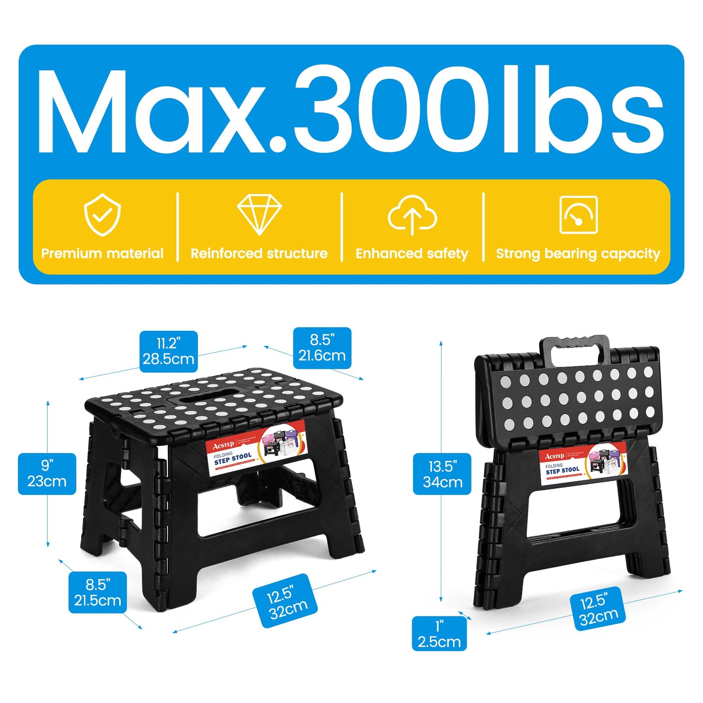 ACSTEP Folding Step Stool 9 Inch, Sturdy Collapsible Kitchen Step Stool Foldable for Kids, Toddlers & Adults, Non Slip Lightweight Foot Stools with Handle, Holds 300 lbs Ideal for Bathroom Bedroom