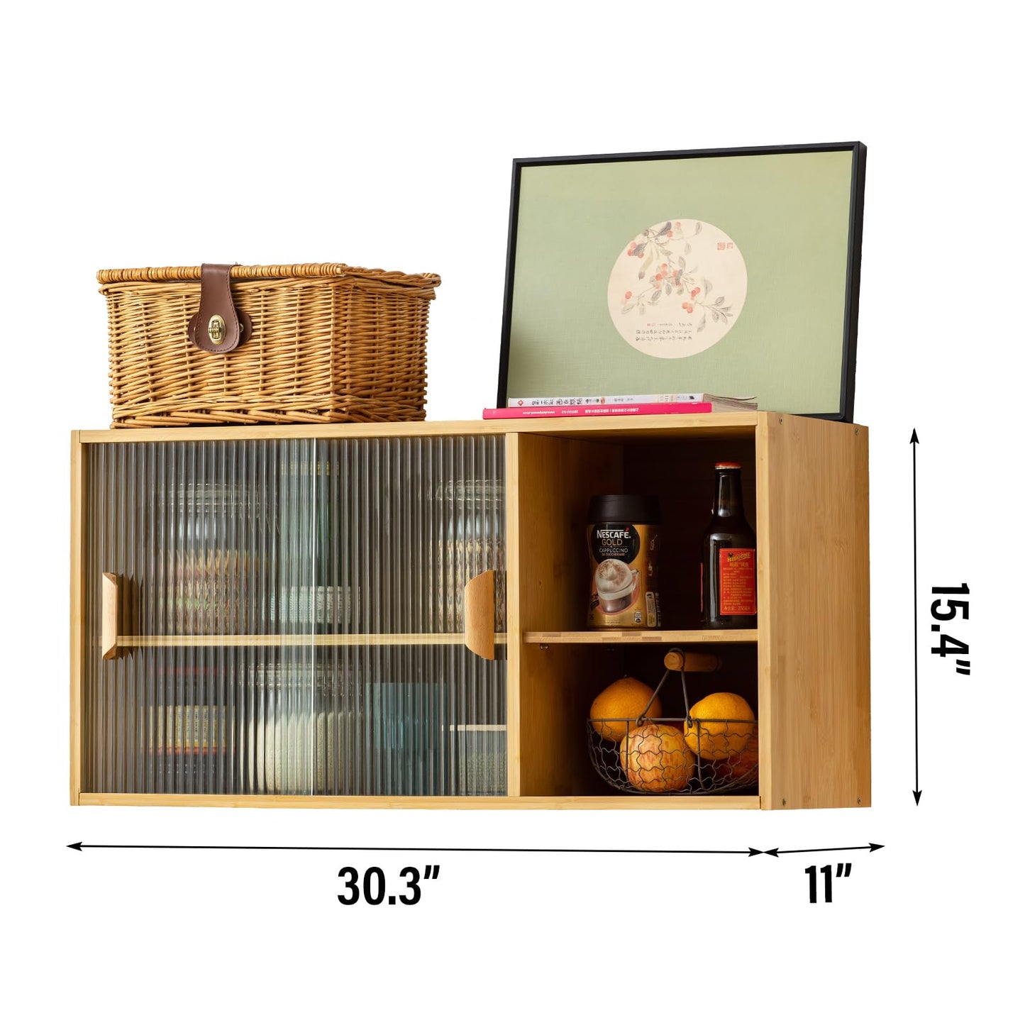 Tiita Small Kitchen Pantry Cabinet, Bamboo Wall Sideboard with Glass Doors, Cupboard Food Pantry Cabinet for Kitchen, Living Room and Dinning Bedroom