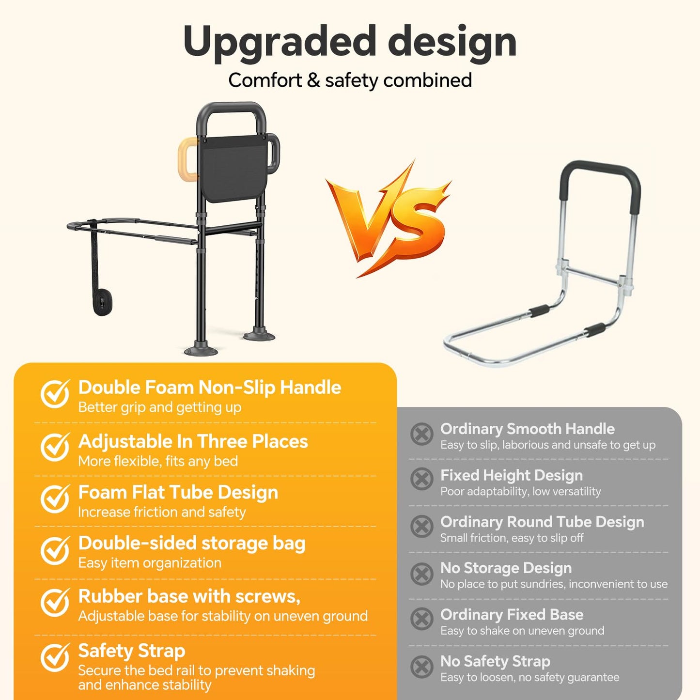 OUWEJHGH Bed Rails for Elderly Adults Safety – Adjustable Height Bed Assist Rail for Seniors, 400lb Capacity, ASTM Approved, Non-Slip Handle, Fixing Strap & Storage Pocket (Twin/Full/Queen/King)
