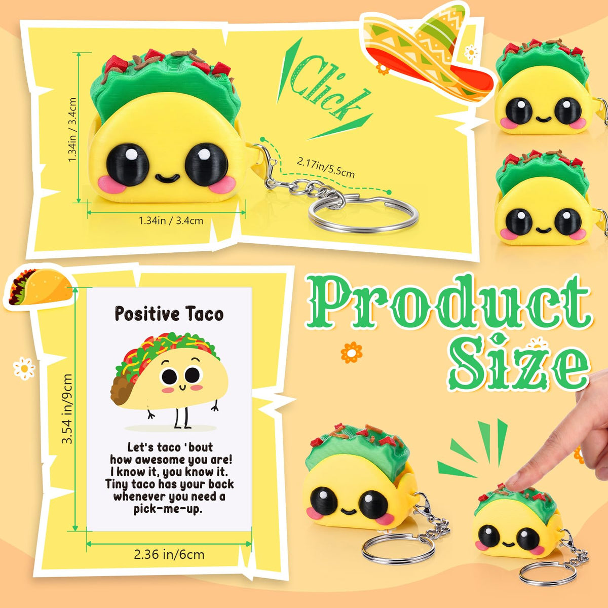 Junkin 24 Sets Taco Clicker Fidget Keychain 3D Printed Clicker Fidget Decompression Button Stress Relief Gifts with Positive Cards for Graduation Employee Coworker Staff Team Nurse Teacher