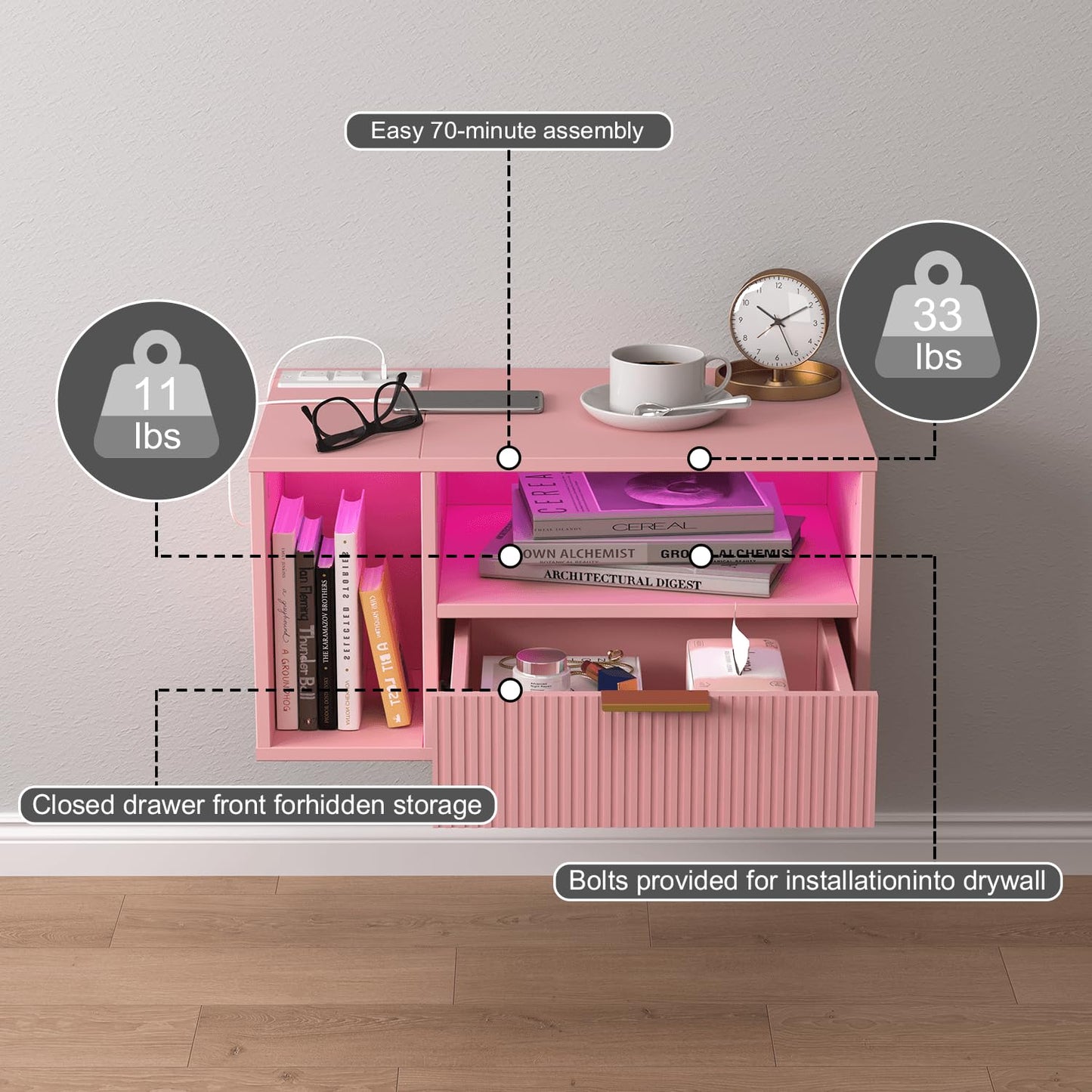 Veegle Pink Floating Nightstand with Charging Station and LED Lights,Pink