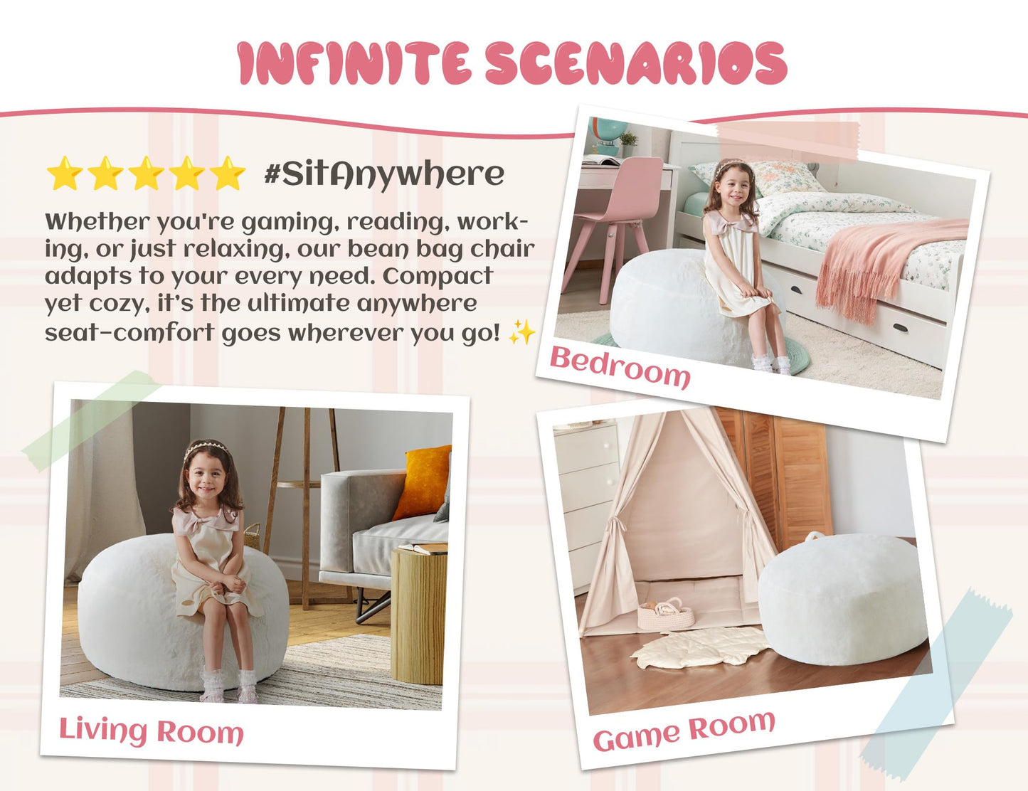 WSOFRLAC 2.5FT Bean Bag Chair, Cute Comfy Bean Bag Chairs for Kids, Luxury Velvet Stuffing Bags Chairs with Memory Foam Filling, Soft Beanbag Chair Cover Washable, Living Room Bedroom, Cream White