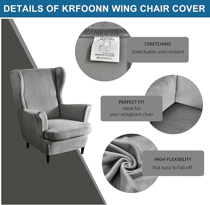KRFOONN Wingback Chair Cover Slipcovers 2 Piece Stretch Velvet Plush Wing Chair