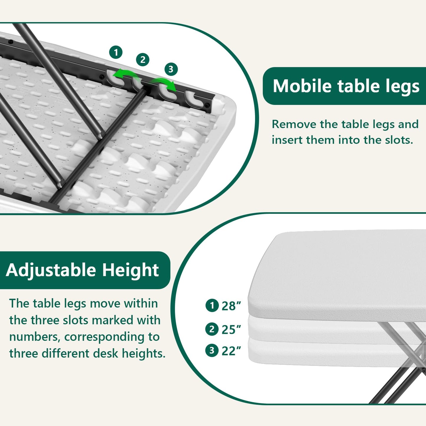 FurniEdge 30 Inch Folding Table, Adjustable Height TV Tray for Small Spaces, Heavy Duty Foldable Utility Table for Laptop, Dining, Camping, No Assembly, 200 lbs Capacity, White Granite