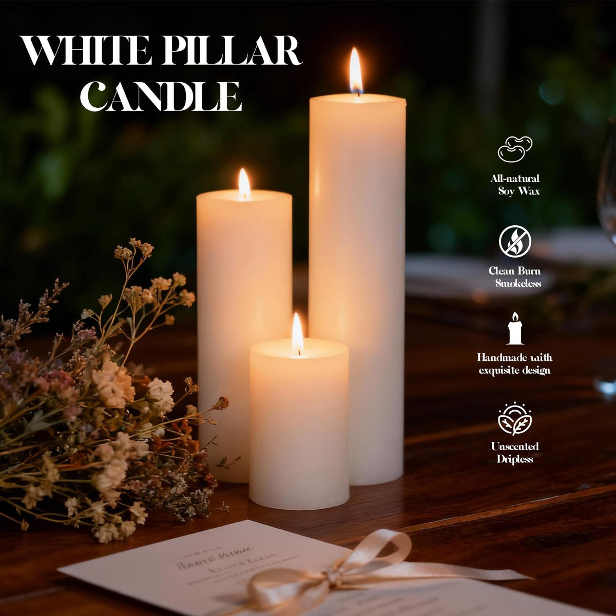 Veiuwa 36 Pack White Pillar Candles Bulk Set, 2x3 2x6 2x8 Inch - 12 Each Size, Dripless Smokeless Clean Burning for Wedding Centerpieces, Home Decor, Church, Romantic Ambiance！
