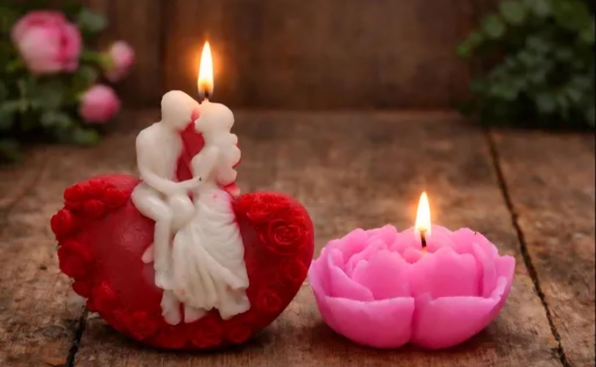 Decorative Candles Set, Romantic Couple and Rose Flower Shaped, Red and Pink, Wedding Anniversary Valentine's Day Theme