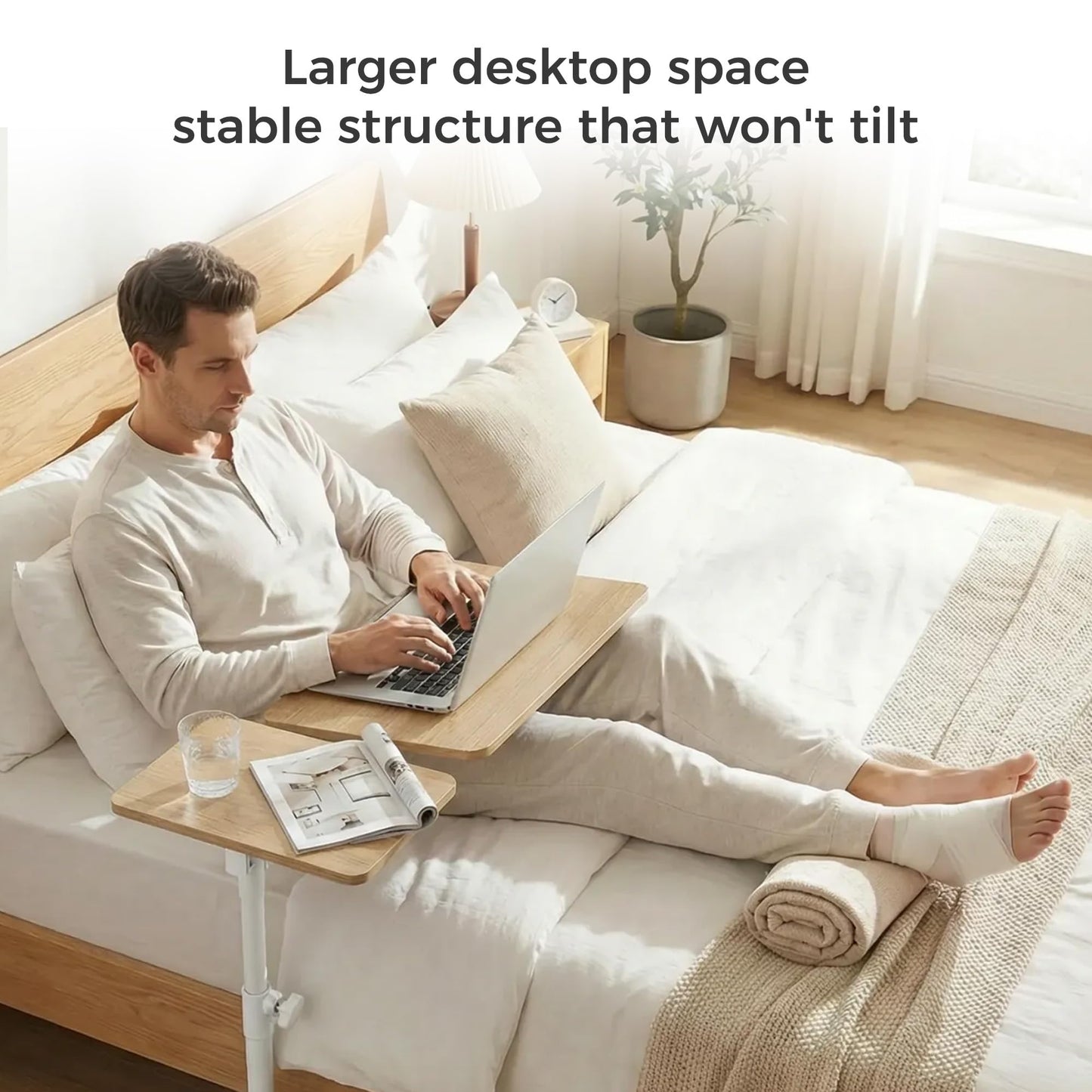 YUHFERA Rolling Table for Laptop Stand, Height and Angle Adjustable Over Bed Table with Wheels, Tilt-Top Laptop Desk for Couch with Cup Holder, Bed Table Tray for Eating (Oak)