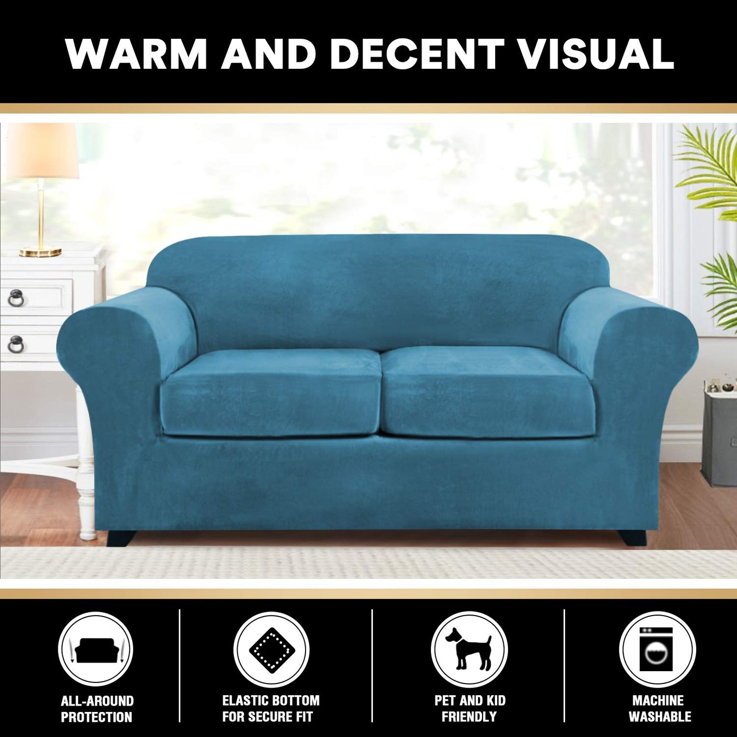 PrinceDeco Velvet Couch Cover Loveseat Covers for 2 Cushion Couch 3 Piece Sofa Covers for Dogs Washable Loveseat Covers Width Up to 72 Inch No Slip Stretch Sofa Slipcover(Medium, Blue)