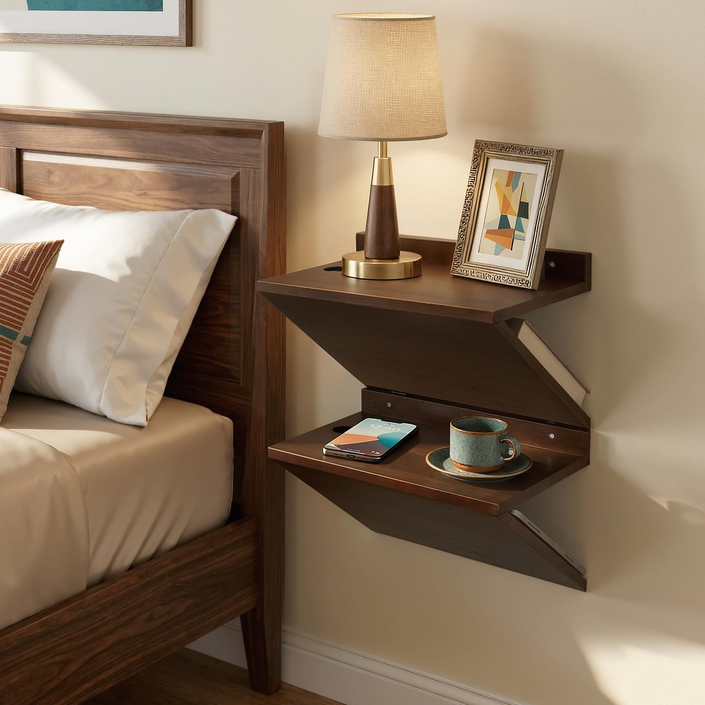 Petrala Floating Nightstands Set of 2, Wall Mounted Night Stand Walnut Wooden Bedside Shelf Mid Century Modern Small Hanging Side Table Narrow Nightstand Shelves Organizer for Bedroom Small Spaces