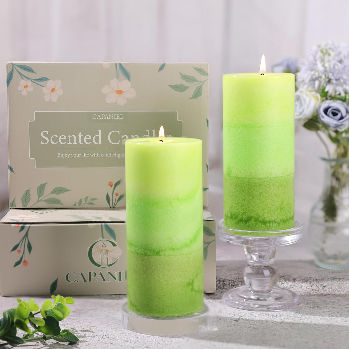 Sage & Citrus Scented Pillar Candles, 2.8x6 Inch Green Pillar Candle Natural Fragrance Candles 210H Long Burning Smokeless Pillar Candle for St. Patrick's Day Home Decor Wedding, 3 Pack
