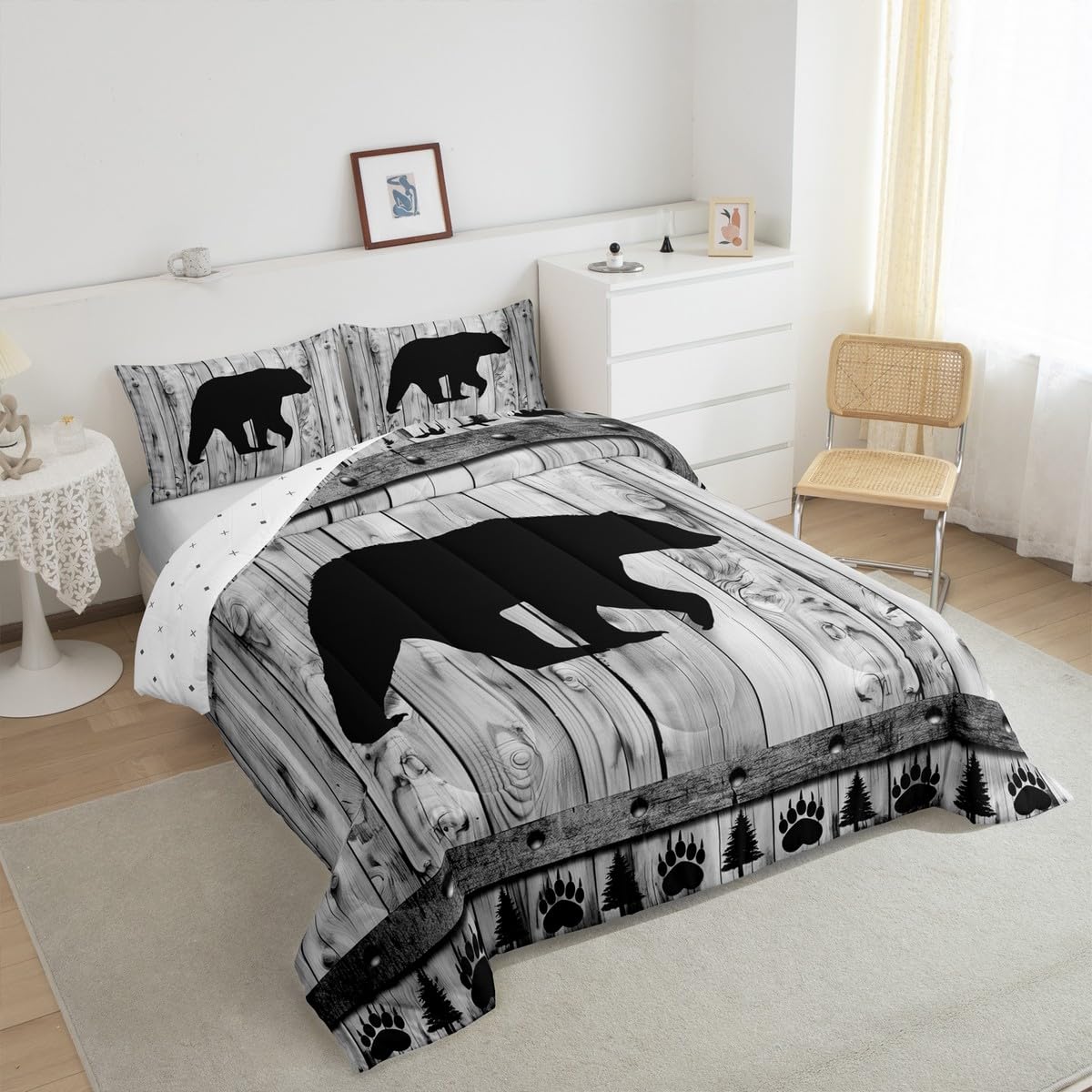Bear Comforter Set Twin Size,Rustic Farmhouse Wood Cabin Bedding Set,Wildlife Hunting Quilt Set for Kids Boys Girls Teens Room Decor,Grey Black Pine Trees Pattern Duvet Insert,1 Pillowcase