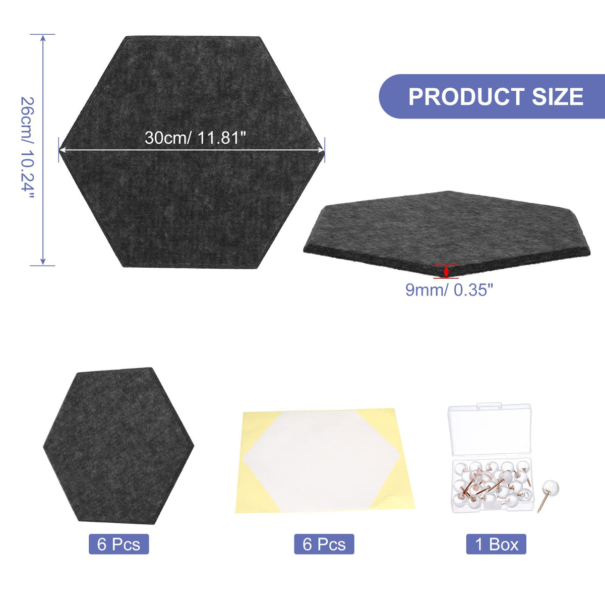 PATIKIL Felt Bulletin Board, 12"x10", 6 Packs Self Adhesive Hexagon Felt Tiles for Sound Proofing Wall Panels for Home Office Recording Studio,Game Room, Black