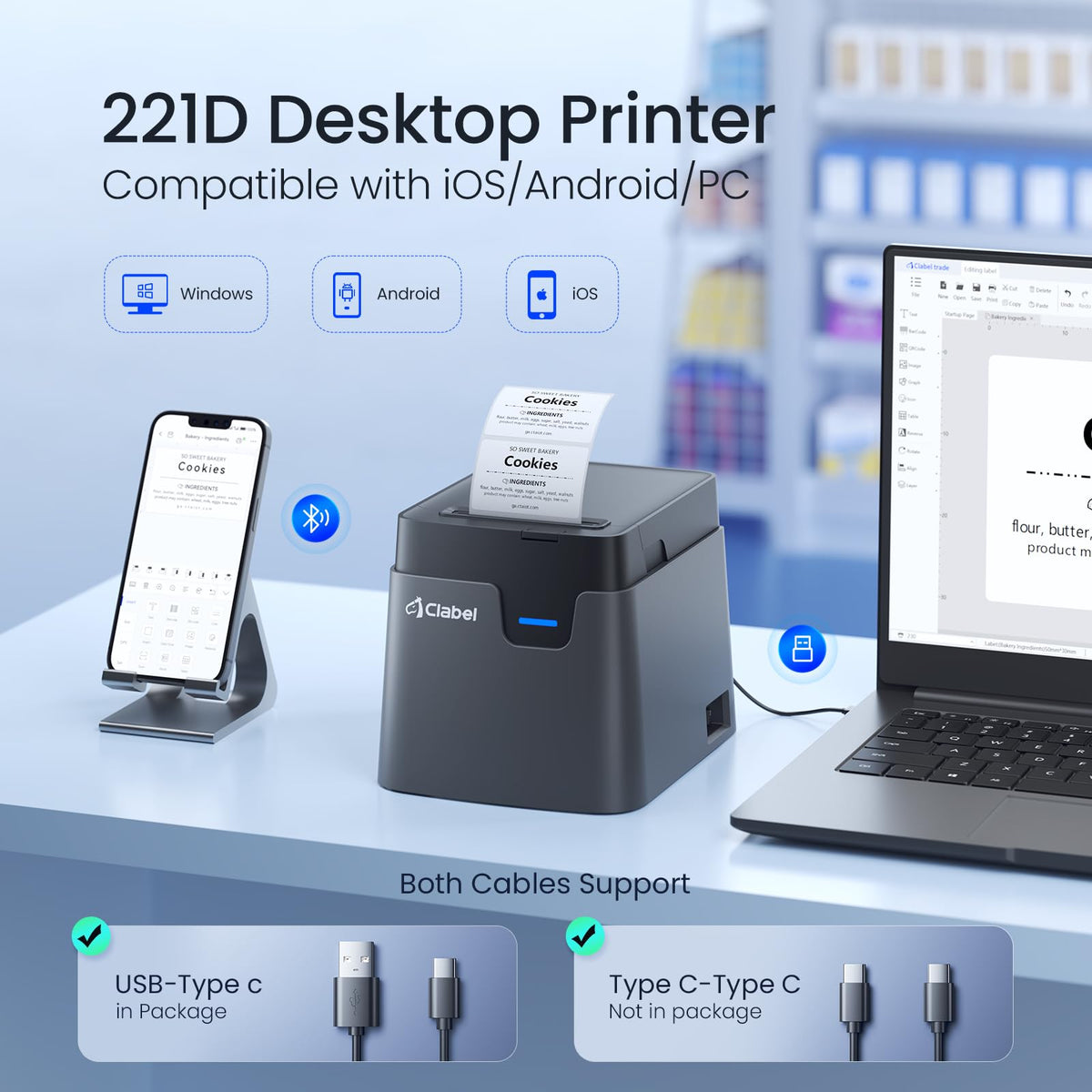 CLABEL Desktop Bluetooth Label Printer: CT221D Label Maker Machine with Direct Thermal Printing, 2 Inch Barcode Recepit Sticker Printer for Small Business Address Office with 1 Roll Label