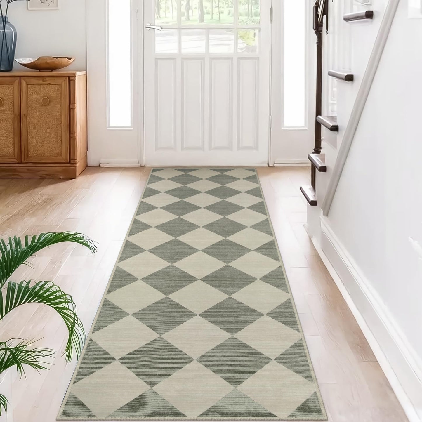 Beeiva Checkered Print Hallway Runner Rug Non Slip, Ultra Thin Washable Kitchen Runner Rug 2x6, Moroccan Neutral Green Soft Floor Carpet for Bedroom Laundry Room, Minimalist Diamond Hallway Decor
