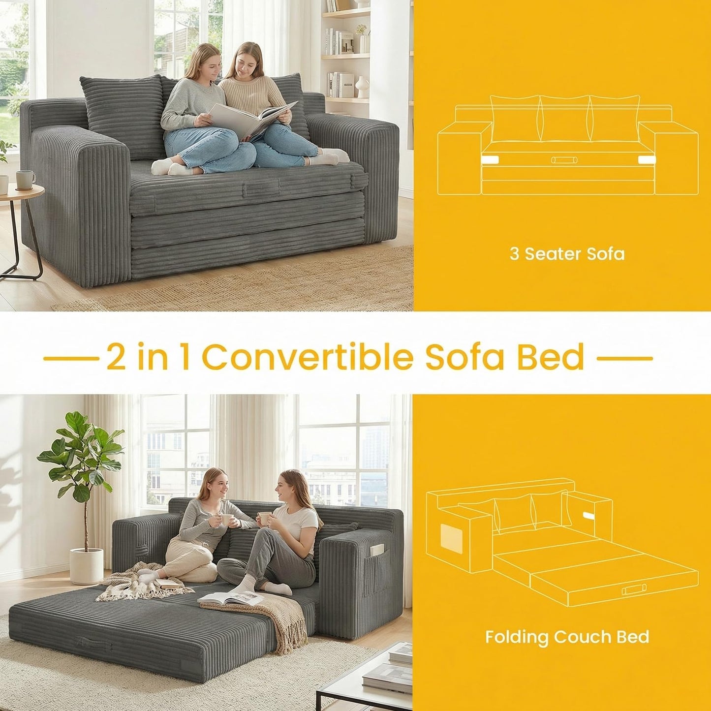 Boneless Couch,3 Seater Boneless Couch Bed – 3-in-1 Convertible Sleeper Sofa with Side Pockets & Handle,Pull Out Corduroy Futon for Small Space,Living Room & Bedroom, 3 Pillows Included,No Assembly