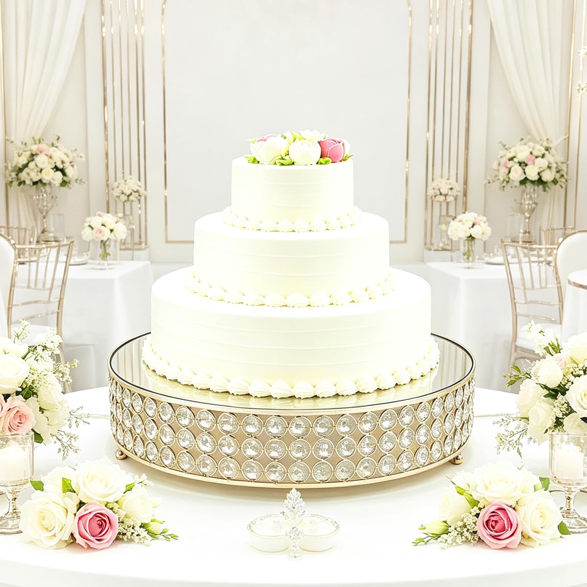 FEICTPOX Metal Cake Stand with Mirror Top Plate Beaded Crystal Display Cake Pedestal,Baking Party Supplies Centerpiece,Gold 16 Inch