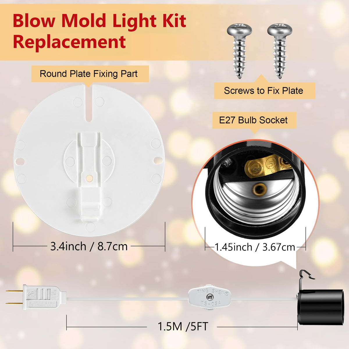 Meonum 1 Set Blow Mold Light Kit Replacement, E27 E26 Single Light Cord Kit with Switch Fuse Plug, for Indoor Outdoor Halloween Christmas Village House Craft Decorations and Salt Lamp
