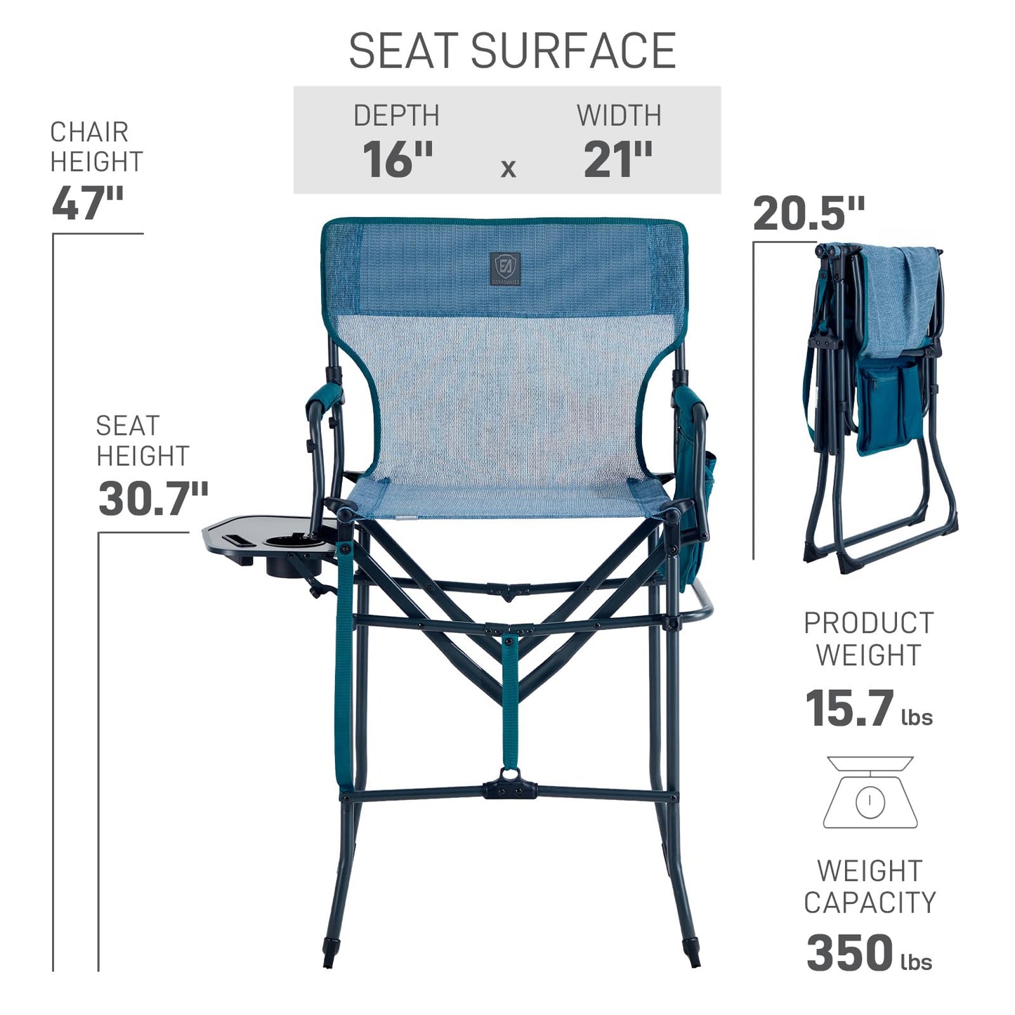 EVER ADVANCED Portable 30.7" Seat Height Tall Folding Camping Chair Directors Chair High Foldable Bar Stool with Side Table for Makeup Artist, Sports Event, Craft Show, Stretch Mesh, Supports 350LBS