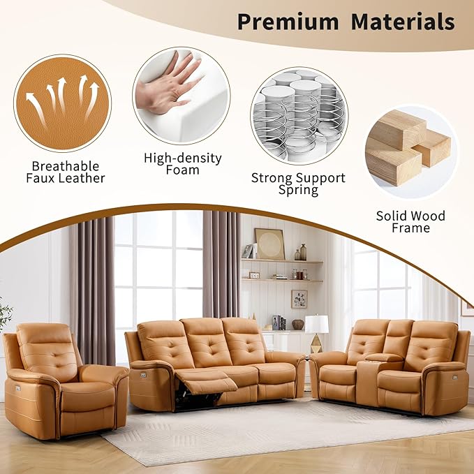 ANJ 3-Piece Faux Leather Power Recliner Sofa Set