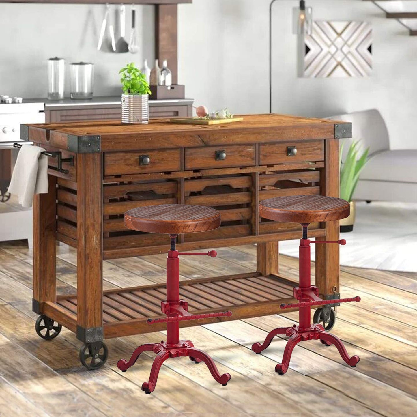 Topower Industrial Retro Vintage Farm Wooden Tractor Stool Kitchen Swivel Height Adjustable Bar Stool (Antique Red)