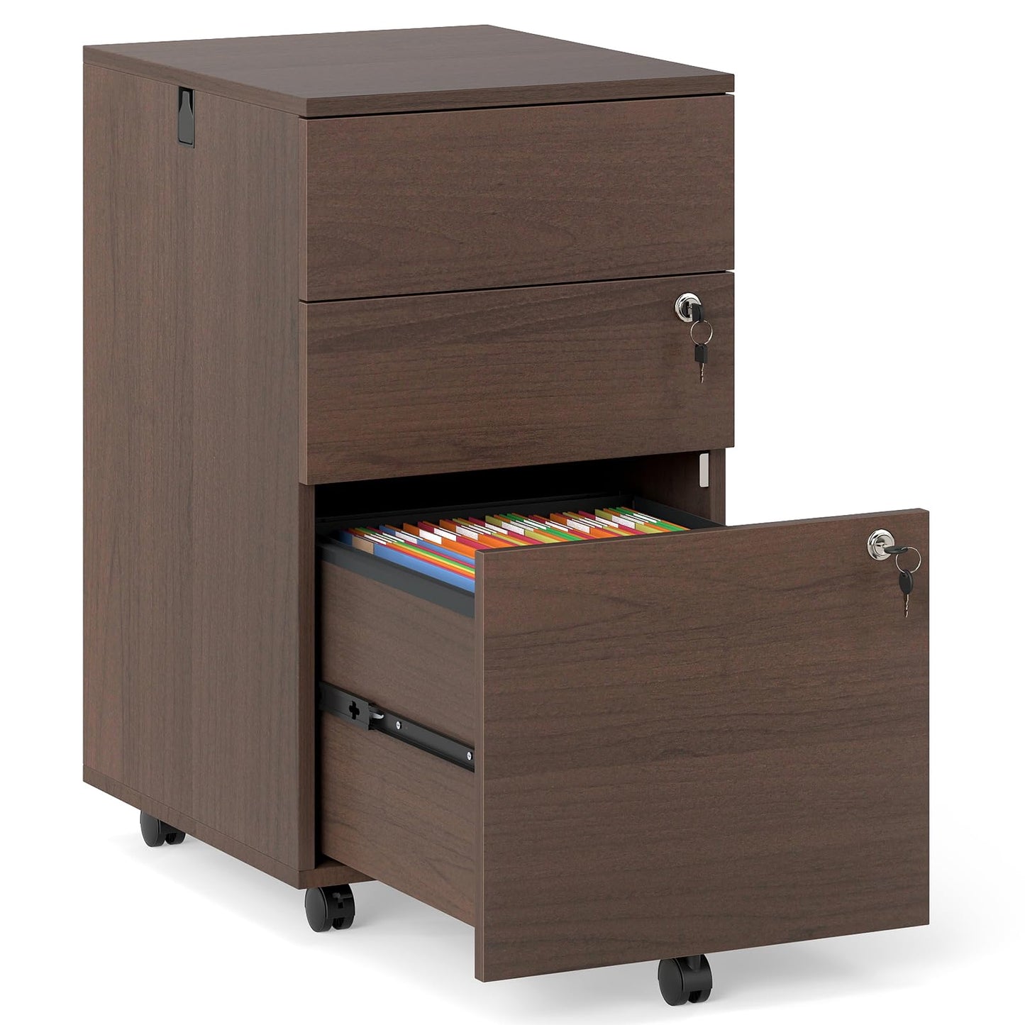 Giantex 3-Drawer File Cabinet with Lock, 27-Inches Storage Cabinet with 2 Side Hooks, Mobile Printer Stand, Wheels, 4 Keys, Vertical Filing Organizer fits Letter/A4 Size for Home Office (Brown)