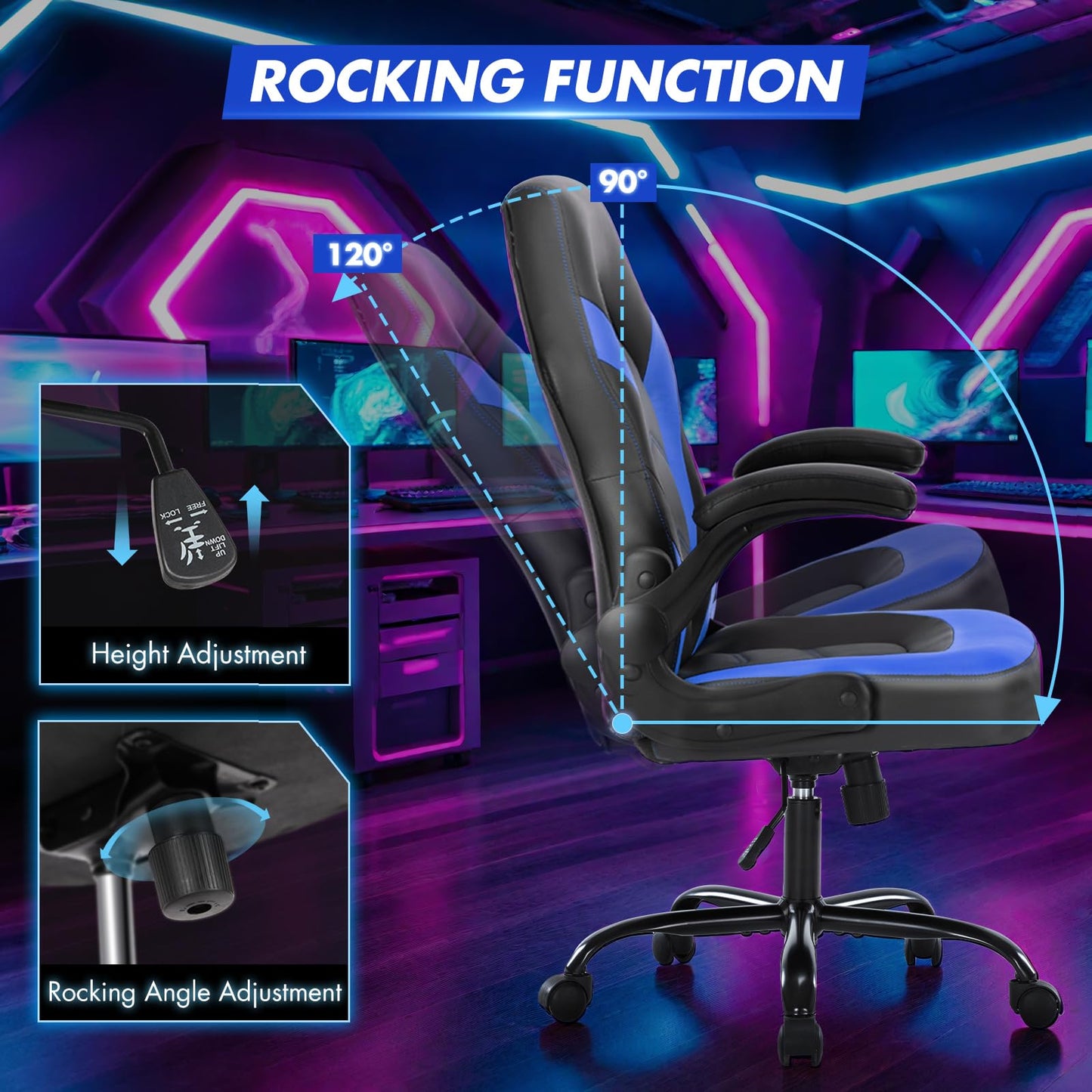 Sweetcrispy Computer Video Game Desk Chair - Ergonomic Comfy Lumbar Support, PU Leather with Flip-up Armrest, Height Adjustable and 360° Swivel, for Adults, Black Blue