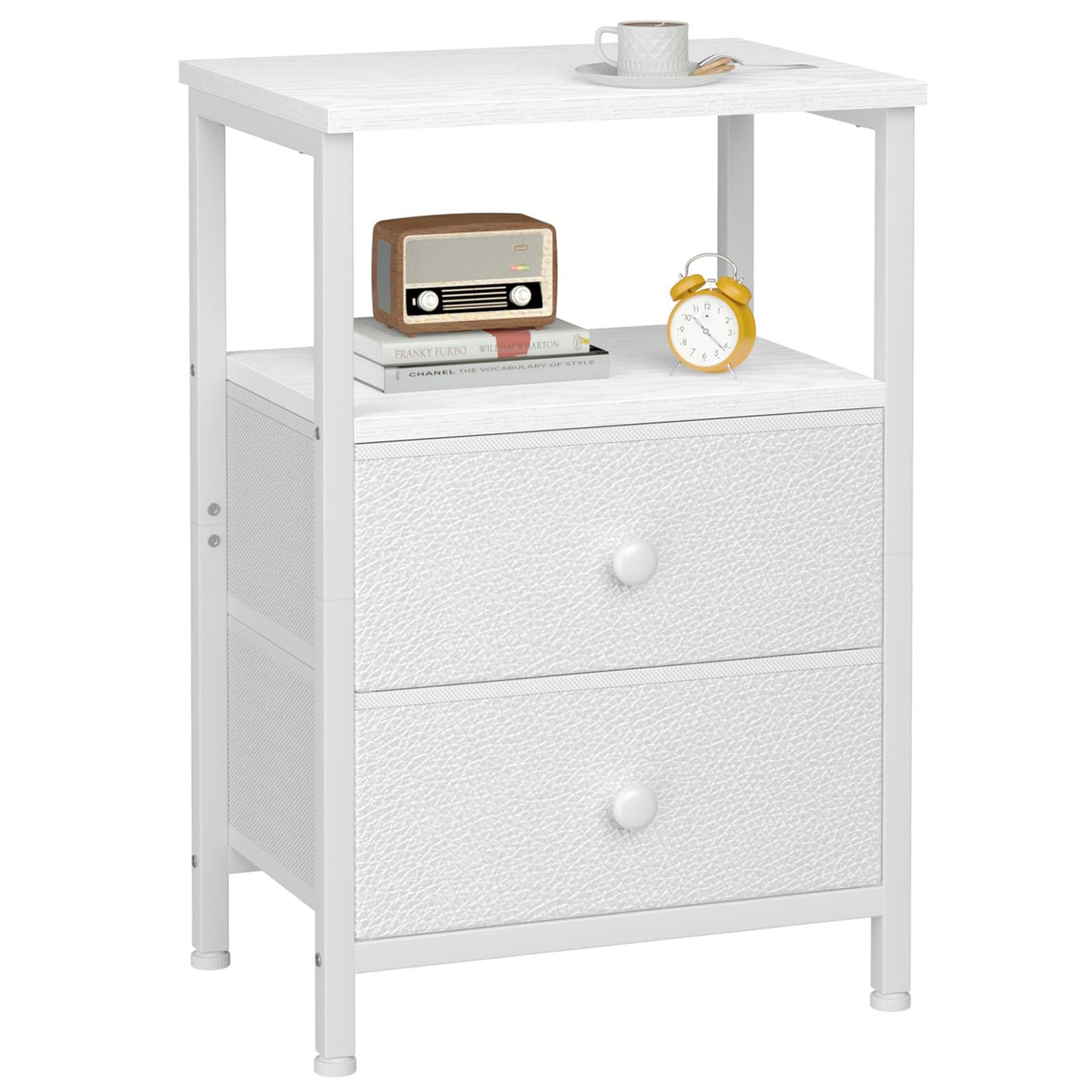 LOAKEKEL Night Stand, Nightstand with 2 Fabric Drawers for Bedroom, Small End Table with Open Storage Shelf for Living Room, Bedisde Table for Apartment, White, HETS002WP-1