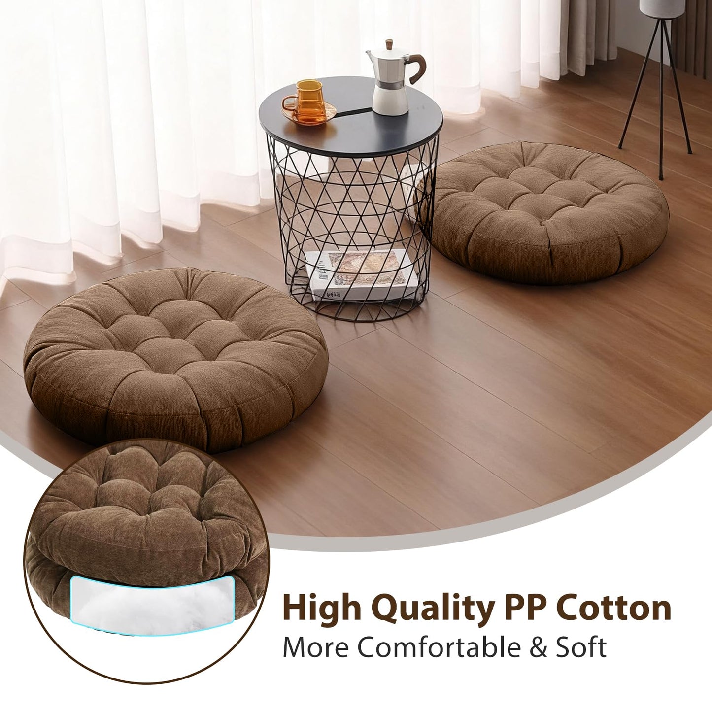 Tiita Round Floor Pillow Cushions 22"x22" Patio Chair Cushion for Outdoor Furniture Seat Pads Set of 2 Meditation Cushion for Yoga Living Room Sofa Balcony, Coffee