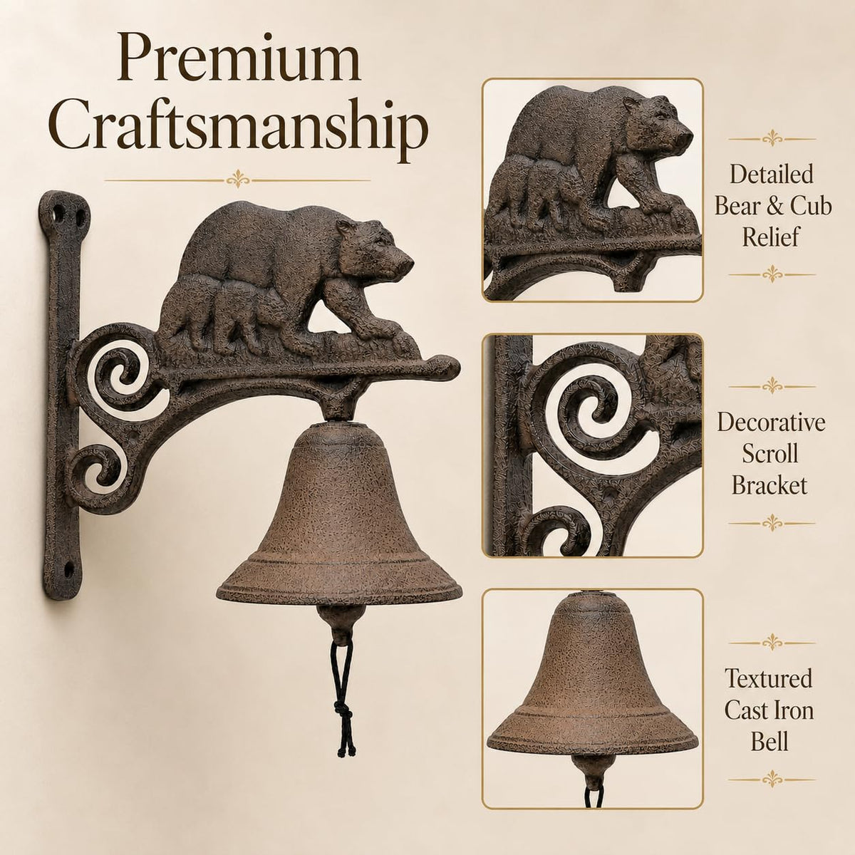 Comfy Hour 7.8" Heavy Duty Cast Iron Bear Dinner Bell, Loud Resonant Wall Mounted Outdoor Doorbell for Farmhouse, Garden & Cabin, Decorative Wildlife Metal Bell for Porch, Antique Black Finish
