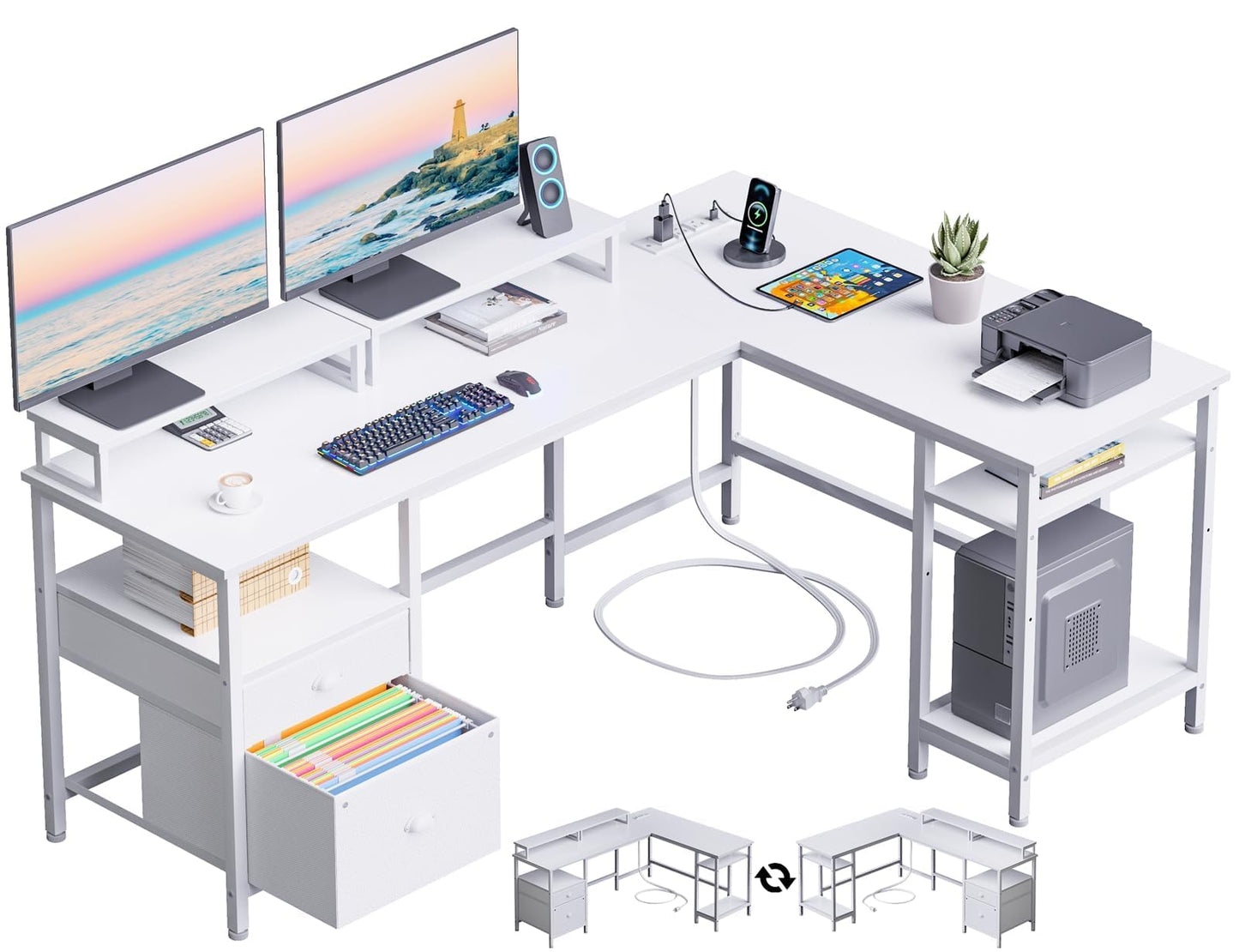 Furologee White 59” L Shaped Desk with Power Outlet, Reversible Computer Desk with File Drawer & 2 Monitor Stands, Corner Home Office Table with Storage Shelves for Gaming Writing