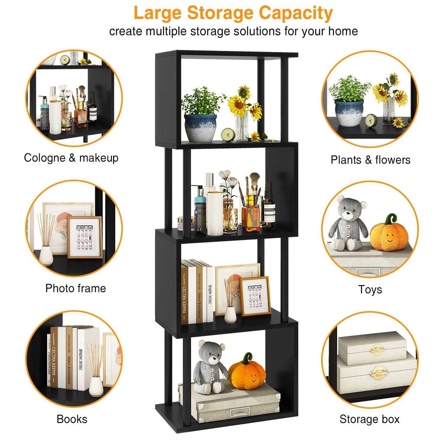 IBUYKE 5-Tier Tall Bookshelf,S-Shaped Geometric Bookcase, Wood Display Shelves with Storage,Modern Bookshelf for Living Room Bedroom, Home Office, Black WBC015B