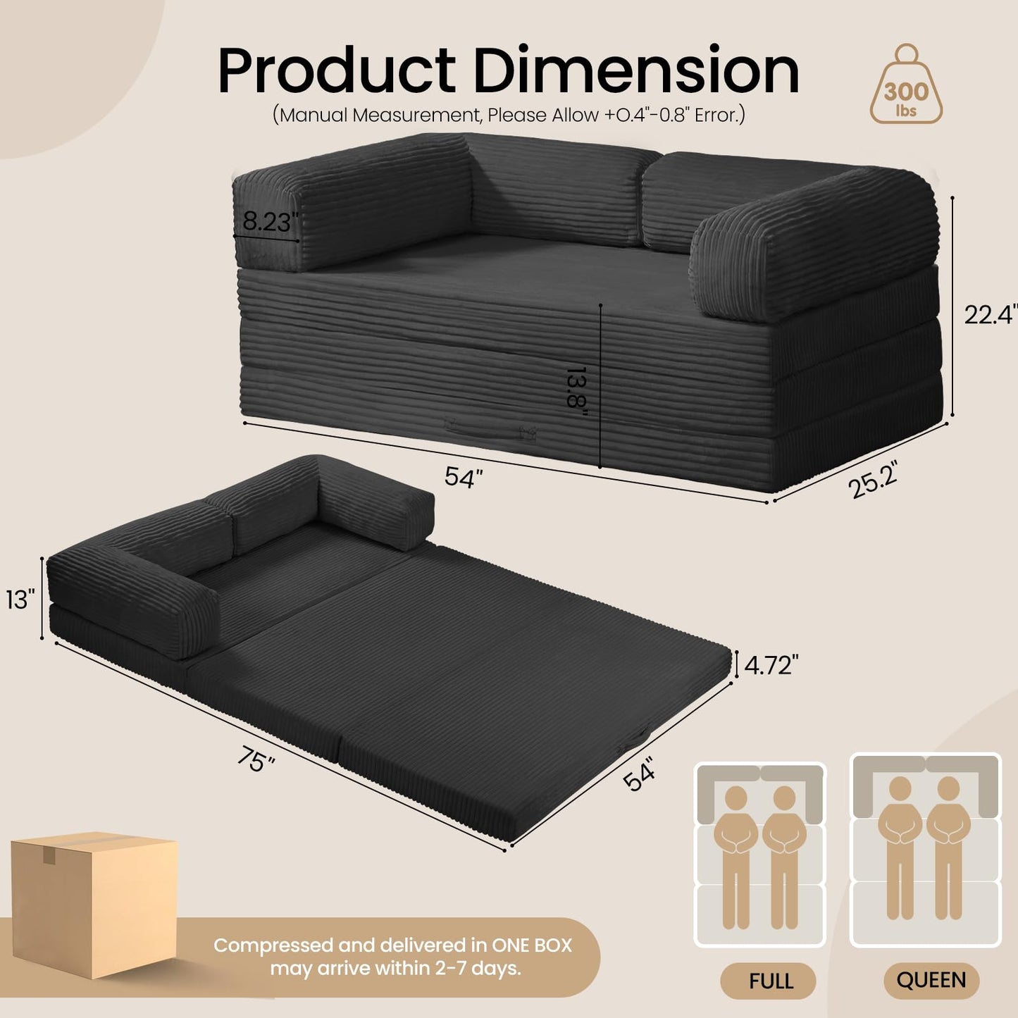 AOLVDOW Tri-Fold Foldable Mattress, Convertible Folding Sofa Bed with Removable Arms & Washable Cover, All-in-One Portable Mattress Floor Sofa Bed, No Assembly Required & Non-Slip, Full Size, Black