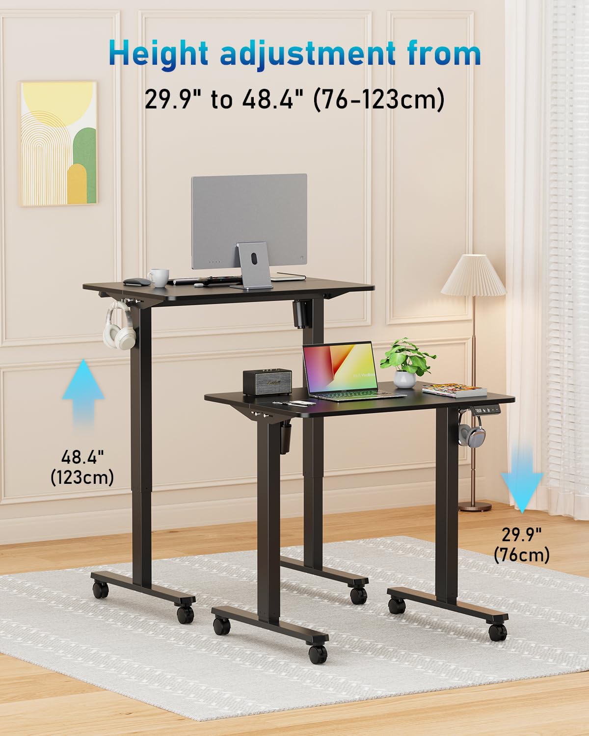 Xyndyx 32" Small Electric Rolling Standing Desk Adjustable Height, Mobile Sit Stand up Desk with Lockable Casters for Home Office & Computer Workstation, Splice Board, 2 Hooks, Black Frame/Black Top