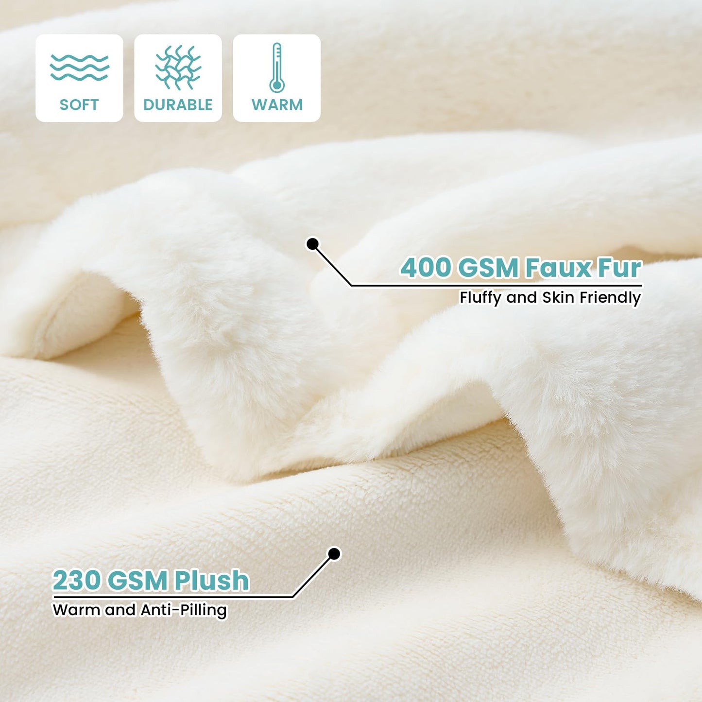 COZY KISS Luxury Faux Fur Throw Blanket Twin, Ultra Soft Waterproof Pet Blanket, Cozy Warm Plush Blanket for Bed Sofa Bedroom Living Room, Liquid Pee Proof for Large Dog or Cat, 60x80 inch, Cream