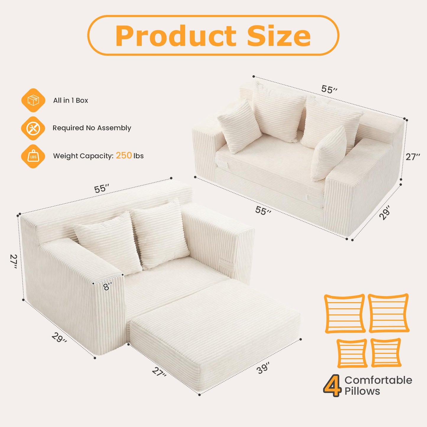 Winzoo Boneless Loveseat Sleeper Sofa Bed, 3-in-1 Convertible Sofa Bed and Futon Couch with 4 Pillows, 55" Beige Boneless Couch for Living Room, Guest Room, Small Space, No Assembly Required, Corduroy
