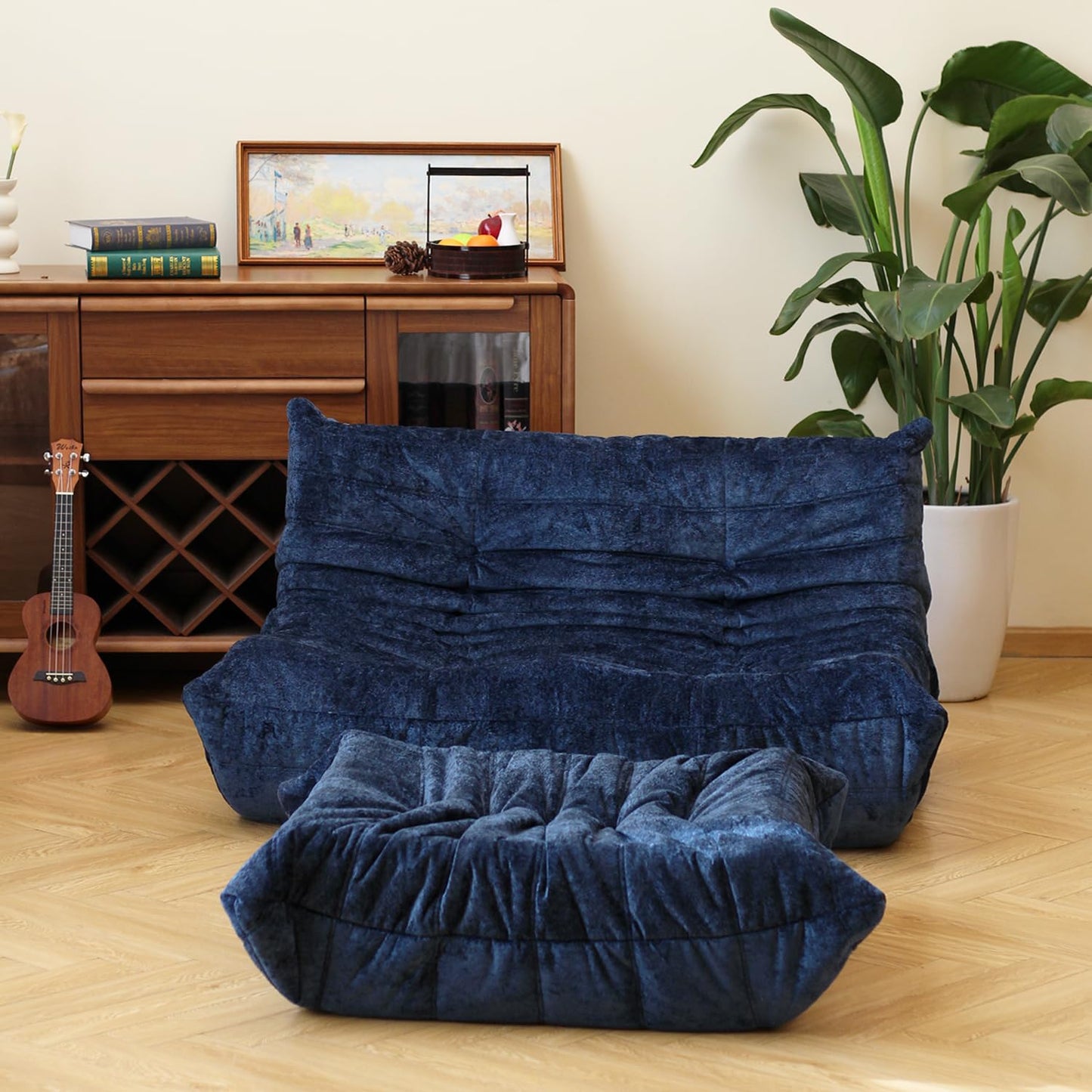 N&V Fireside Chair, Mid Century Armless Floor Sofa, Soft Premium Chenille Floor Lounge Chair, Foam Sofa Accent Chair for Living Room Bedroom and Office (Blue, Loveseat)