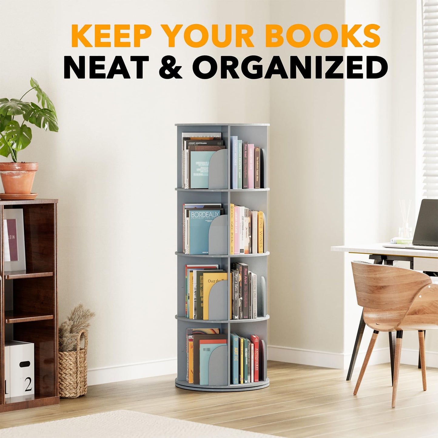 SpaceAid 4 Tier Rotating Bookshelf Tower, Spinning Bookcase Lazy Susan, Revolving 360 Book Shelf Storage Round Carousel, Vertical Rotate Turning Spiral Corner Organizer, Gray