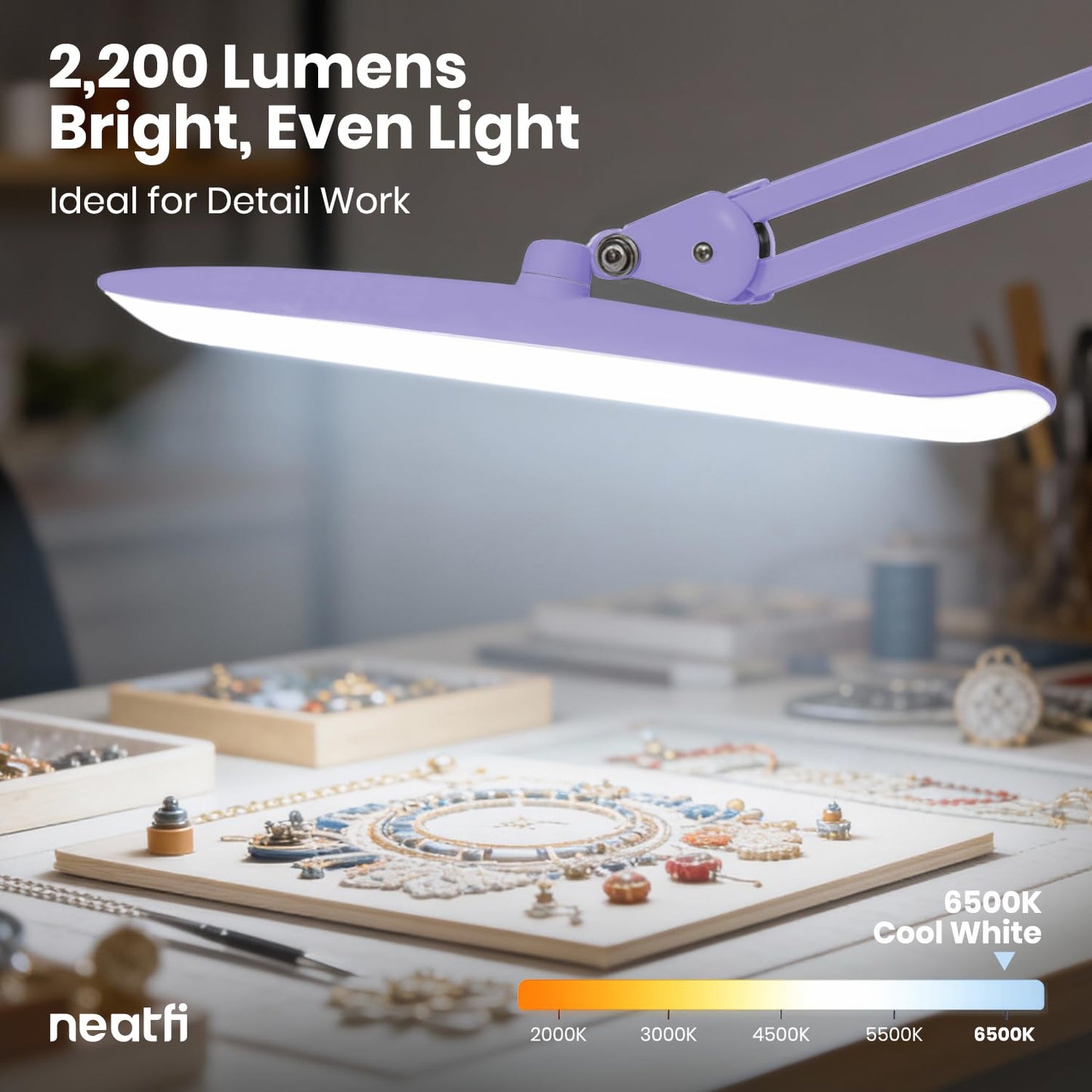 Neatfi XL 2200 Lumens 24W LED Desk Lamp – Shadow-Free Task Lighting | 4-Level Dimming | Home Office & Crafts Use | 20-Inch Wide Head (Lavender, Non-CCT with Clamp)