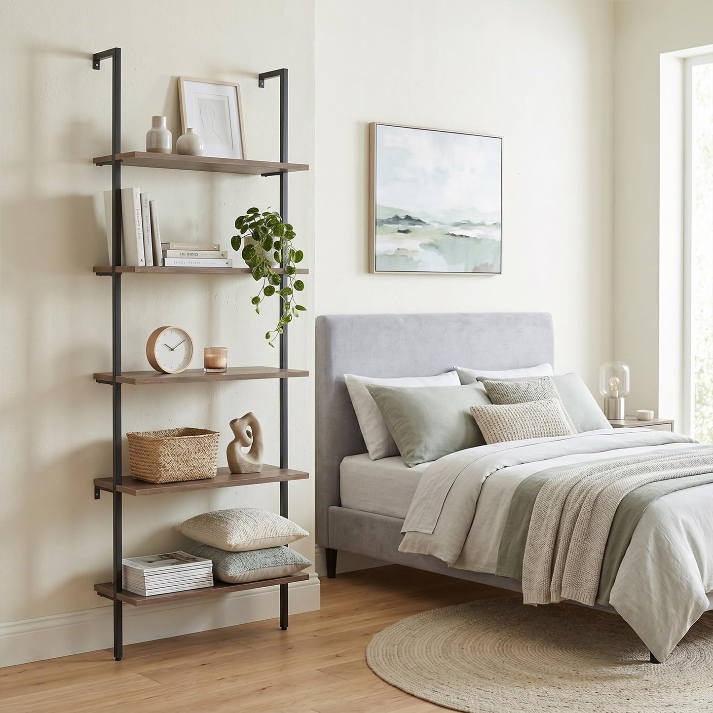 aboxoo Ladder Shelf Open Bookshelf 5-tier Wood Wall-mounted Bookcase Storage Rack Open Back Industrial Modern Plant Flower Stand Utility Organizer Bookcase Metal Frame Furniture Office Kitchen Bedroom