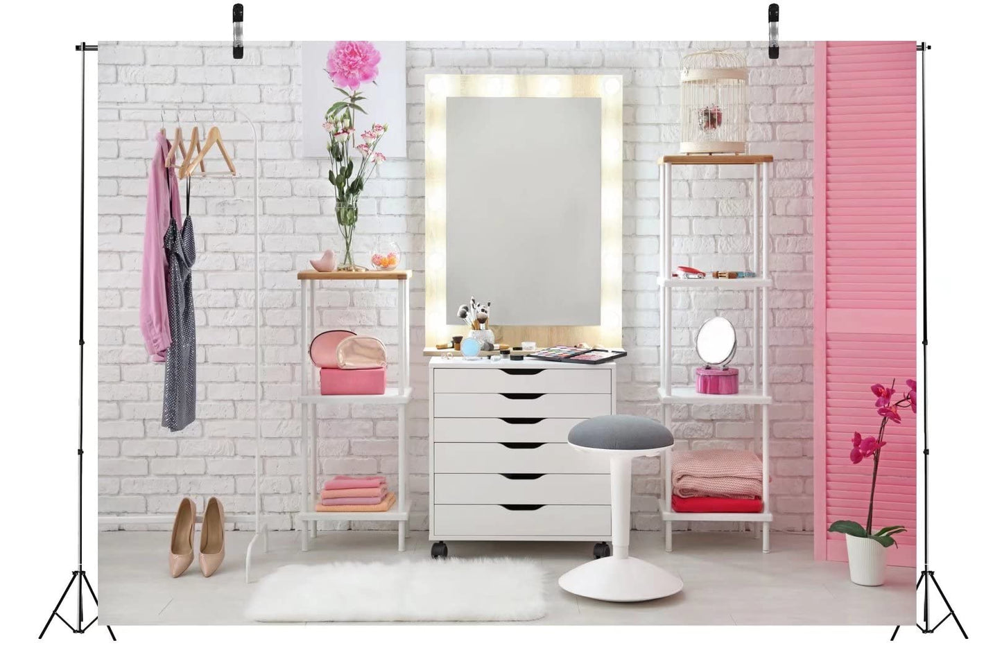 BELECO Makeup Room Backdrop - 9x6ft Fabric Beauty Backdrop for Girls Ladies Online Teaching Live Video Decor Salon White Wall Dressing Table Mirror Background Makeup Party Deco Photo Props