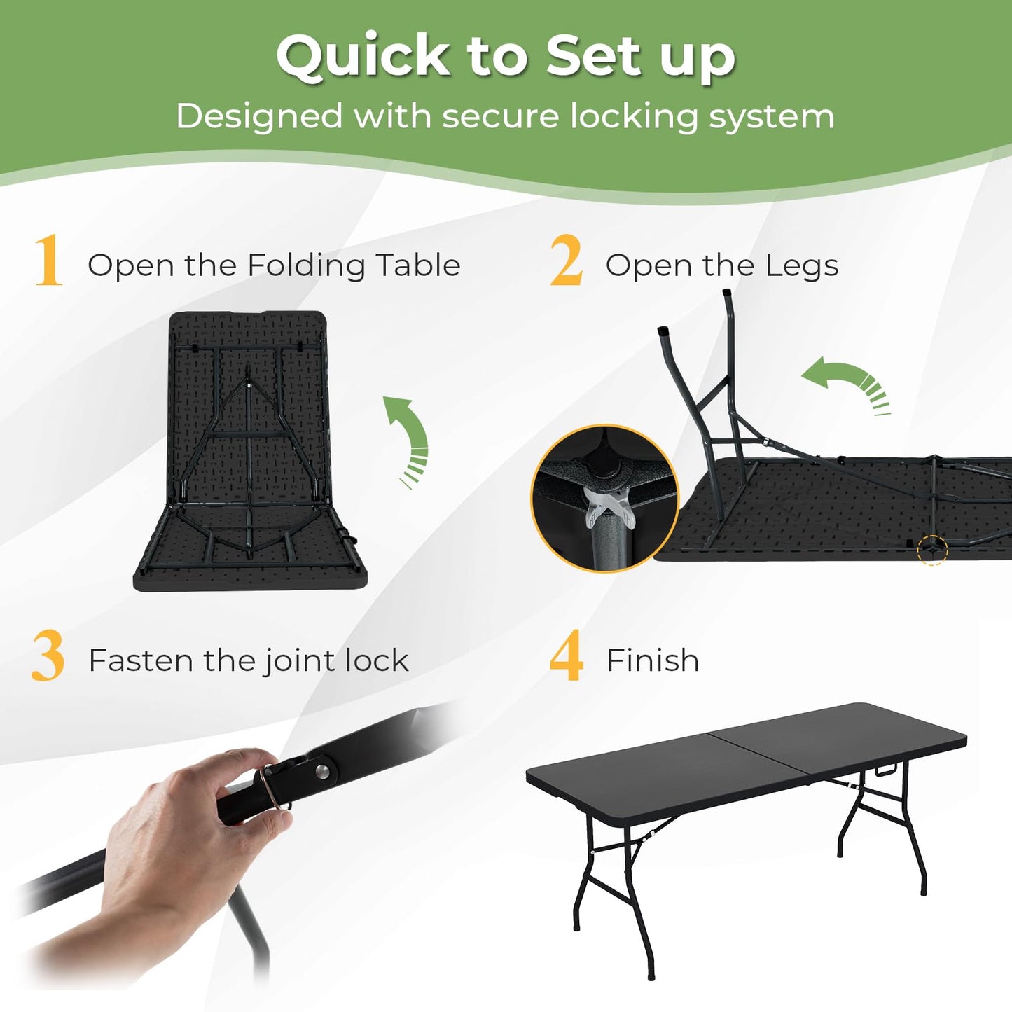 Goplus 6ft Folding Table, Indoor Outdoor Foldable Plastic Folding Tables, Heavy-Duty Rectangular Fold Up Table w/Handle, Portable Utility Card Table for Picnic, Party, Dining, Camping, Beach, Black
