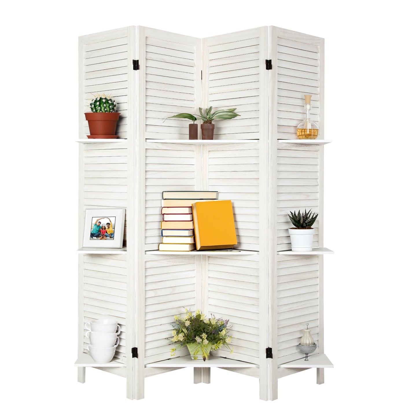 ECOMEX Room Divider with Shelves, 4 Panel White Room Divider, Room Dividers and Folding Privacy Screens, Portable Wooden Room Dividers and Partitions for Bedroom, Home Office, Studio (Warm White)
