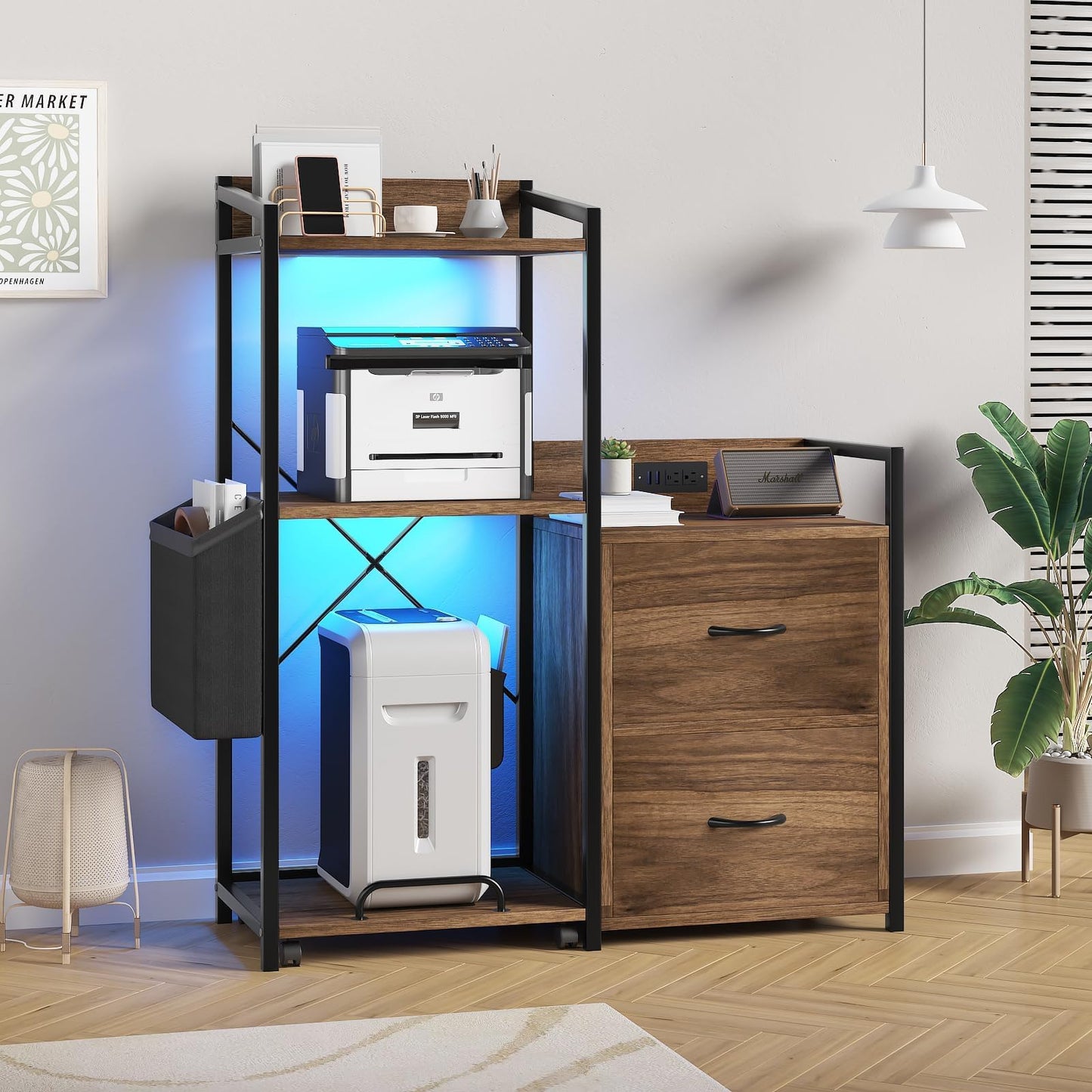 GarveeLife File Cabinet Furniture, Filing Cabinet with 2 Drawers, Rolling Printer Stand with Open Storage Shelves for Home Office, Printer Stand with Power Strip & LED Lights, 49.2" h, Rustic Brown